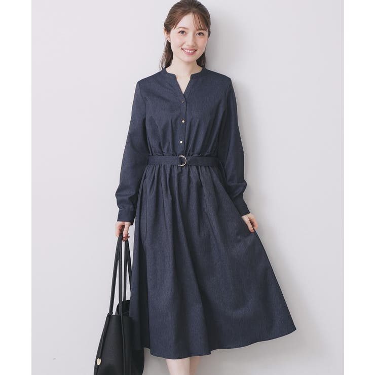 ネイビー(094) | シャンブレーツイルドッキングフレアワンピース【洗濯機OK/イージーアイロン】 | index