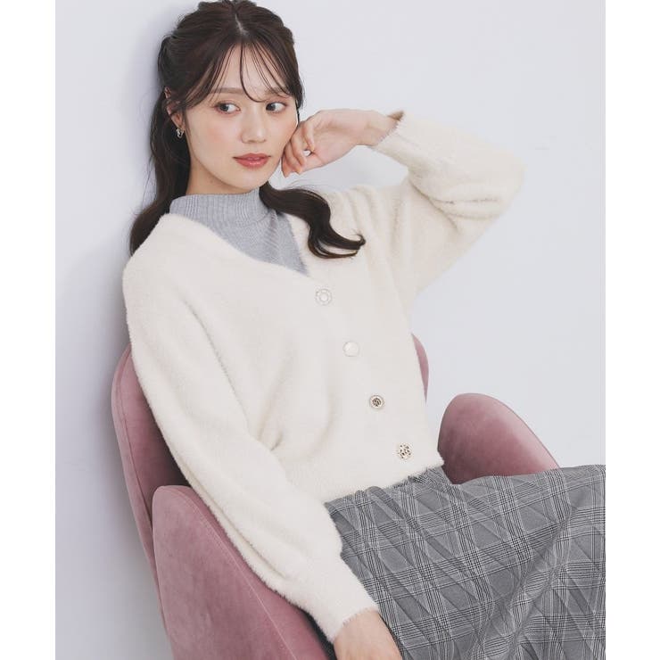 オフホワイト(603) | ラメフェザーヤーンVネックカーディガン【洗濯機OK】 | index