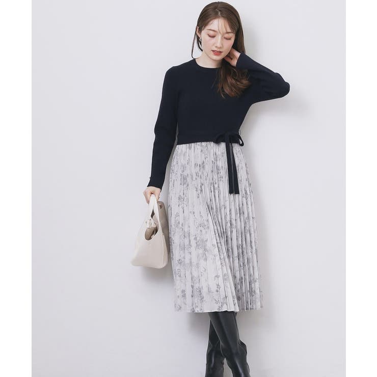 ネイビー(094) | フラワープリーツドッキングニットワンピース【洗濯機OK】 | index