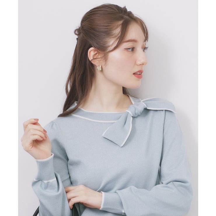 サックスブルー(590) | サイドリボンバイカラーニット【洗濯機OK】 | index