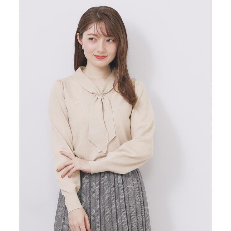 グレージュ(650) | ゴールドパーツ付きボウタイニット【洗濯機OK】《10col/XS～LL》 | index