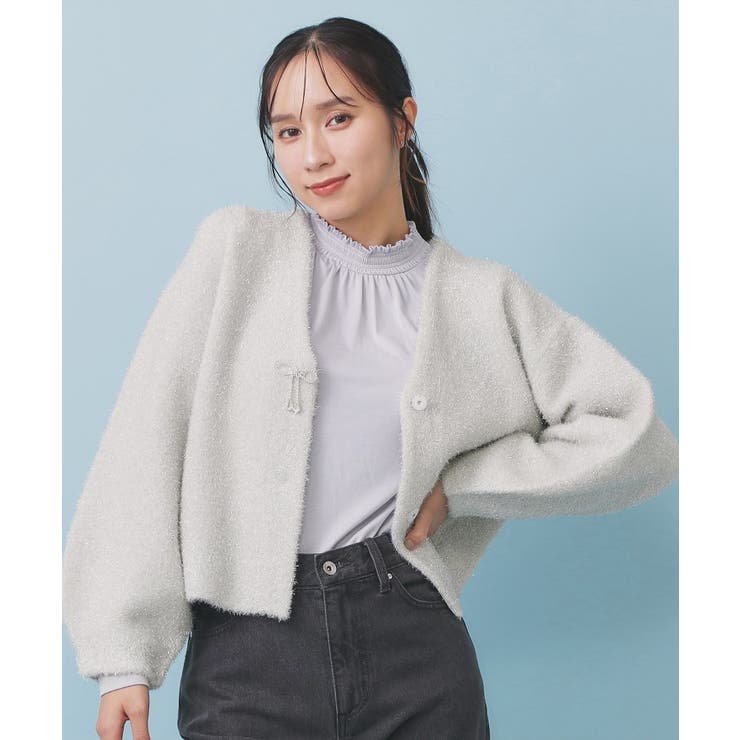 オフホワイト(603) | リボンブローチフィルムラメフェザーカーディガン【洗濯機OK】 | index