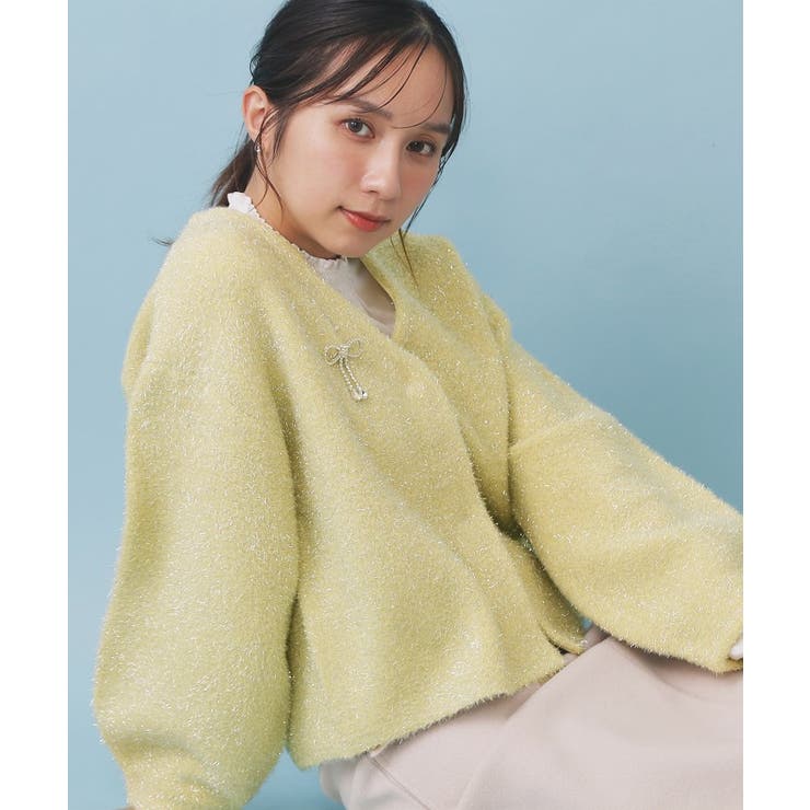 イエロー(631) | リボンブローチフィルムラメフェザーカーディガン【洗濯機OK】 | index