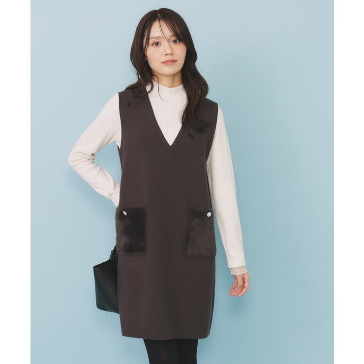 ブラウン(044) | ファーポケットニットジャンスカ【洗濯機OK】 | index