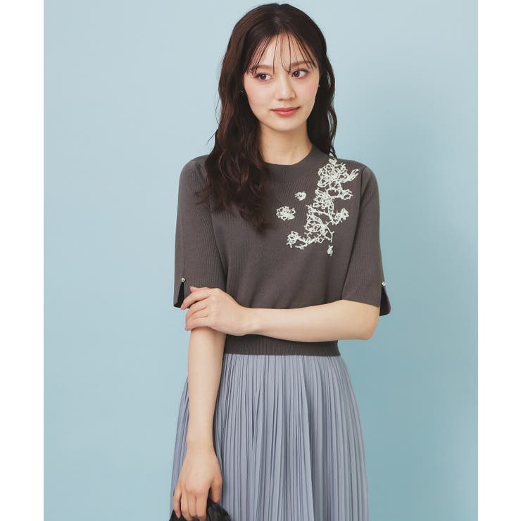 チャコールグレー(014) | 刺繍デザインドッキングプリーツワンピース【洗濯機OK】 | index