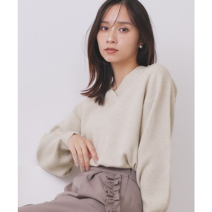 グレージュ(850) | 片畦Vネックボクシーパフニット【洗濯機OK】 | index