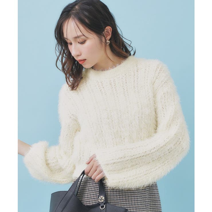 オフホワイト(003) | 透かし編みショートフェザーニット【洗濯機OK】 | index