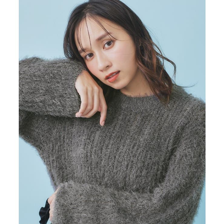 チャコールグレー(014) | 透かし編みショートフェザーニット【洗濯機OK】 | index