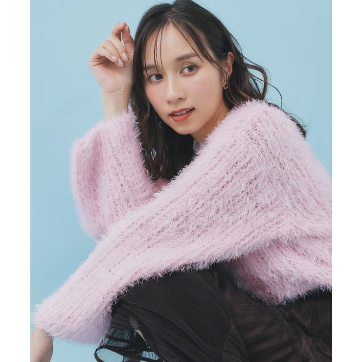 ライトピンク(070) | 透かし編みショートフェザーニット【洗濯機OK】 | index