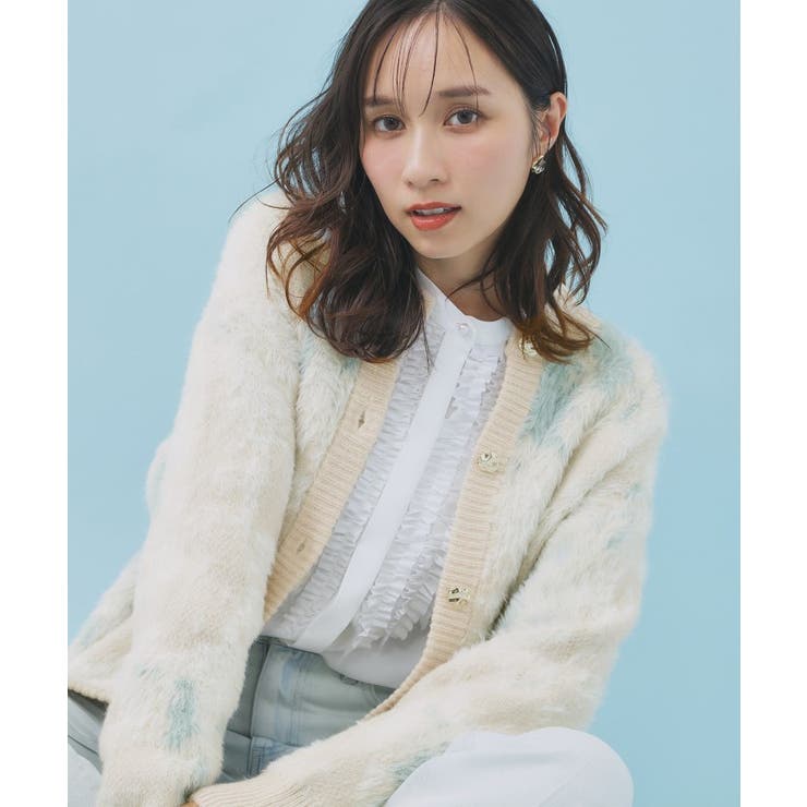 ミントグリーン(121) | フェザー幾何ジャカードクルーミドルカーディガン【洗濯機OK】 | index