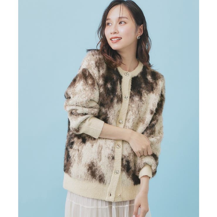 ブラウン(143) | フェザー幾何ジャカードクルーミドルカーディガン【洗濯機OK】 | index