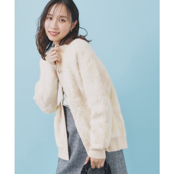 ライトベージュ(151) | フェザー幾何ジャカードクルーミドルカーディガン【洗濯機OK】 | index