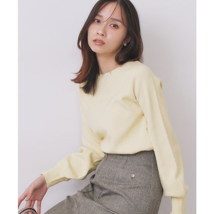 イエロー(031) | ラメスカラップビジューデザインニット【洗濯機OK】《6col/S～LL》 | index