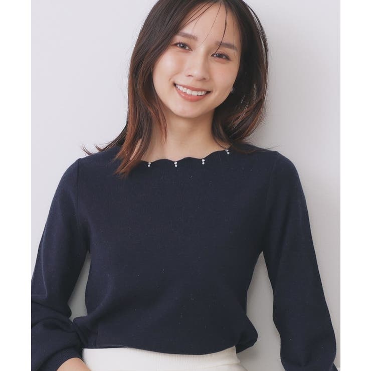 ネイビー(094) | ラメスカラップビジューデザインニット【洗濯機OK】《6col/S～LL》 | index