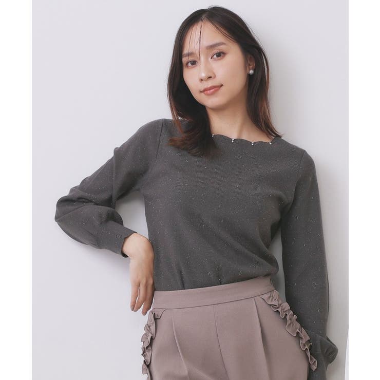 チャコールグレー(814) | ラメスカラップビジューデザインニット【洗濯機OK】《6col/S～LL》 | index