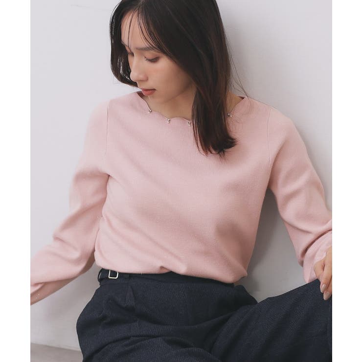 ライトピンク(870) | ラメスカラップビジューデザインニット【洗濯機OK】《6col/S～LL》 | index
