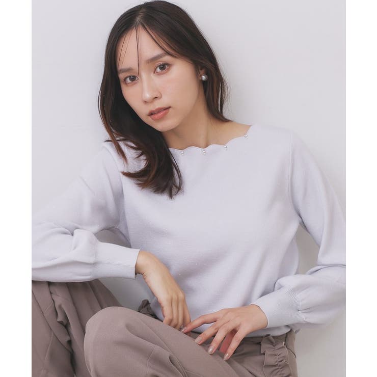 サックスブルー(890) | ラメスカラップビジューデザインニット【洗濯機OK】《6col/S～LL》 | index