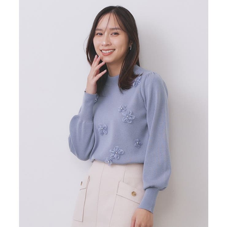 ブルー(091) | フラワーモチーフハイネックニット【洗える】 | index
