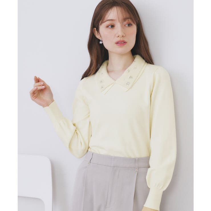 ダブルビジューフェザー衿付きニット【洗濯機OK】 | index | 詳細画像1 