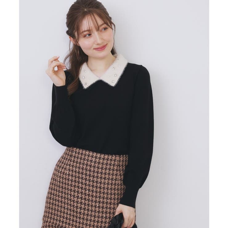 ブラック(019) | ダブルビジューフェザー衿付きニット【洗濯機OK】 | index