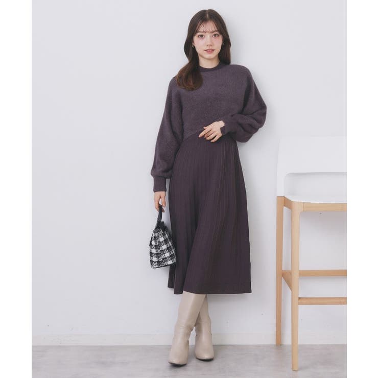 ブラウン(044) | ラメフェザープルオーバーセット ニットワンピース【洗濯機OK】《XS～LL》 | index