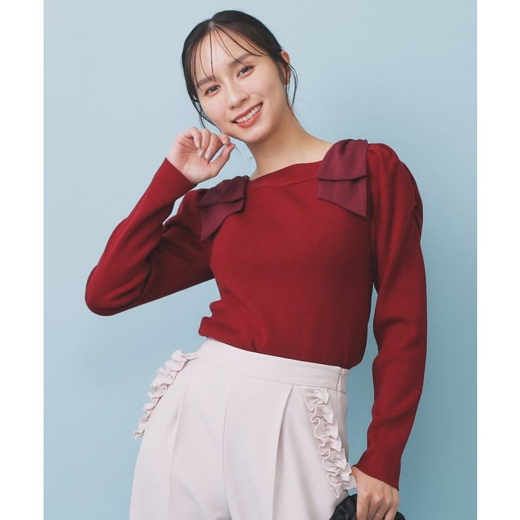 ボルドー(064) | ショルダービッグリボンスクエアニット【洗濯機OK】 | index