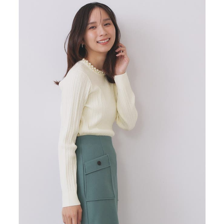 オフホワイト(003) | パール調ネックケーブルニット【洗濯機OK】 | index