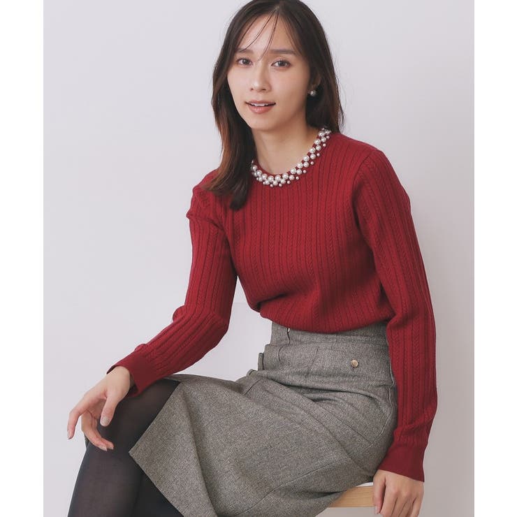 レッド(062) | パール調ネックケーブルニット【洗濯機OK】 | index