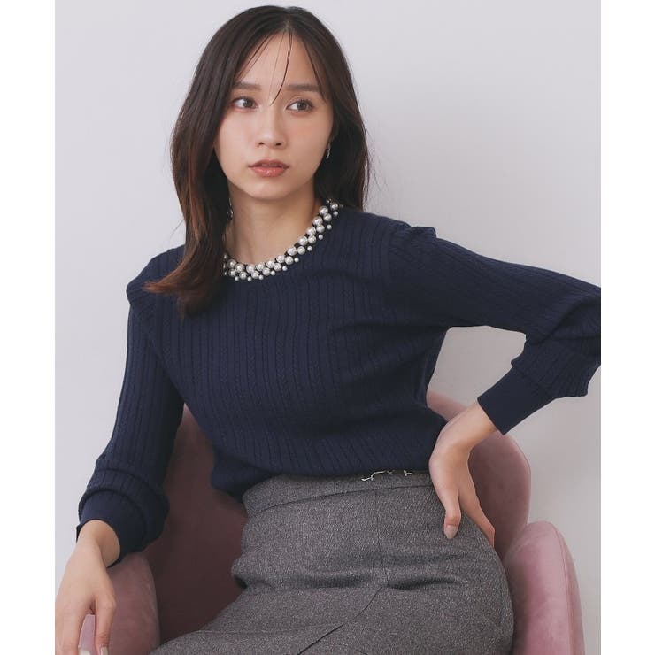 ネイビー(094) | パール調ネックケーブルニット【洗濯機OK】 | index
