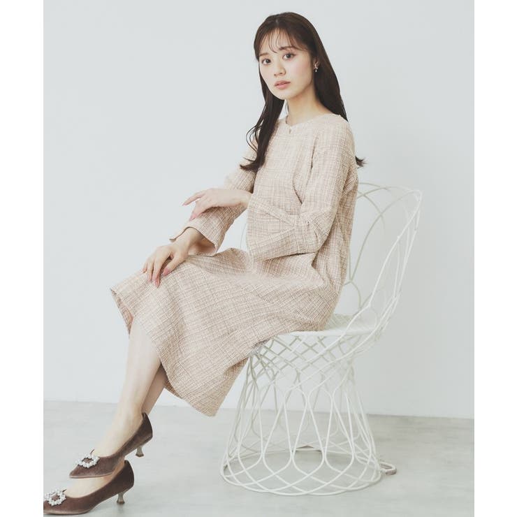 ピンクベージュ(453) | ストレッチラメツイードワンピース【洗濯機洗い可】 | index