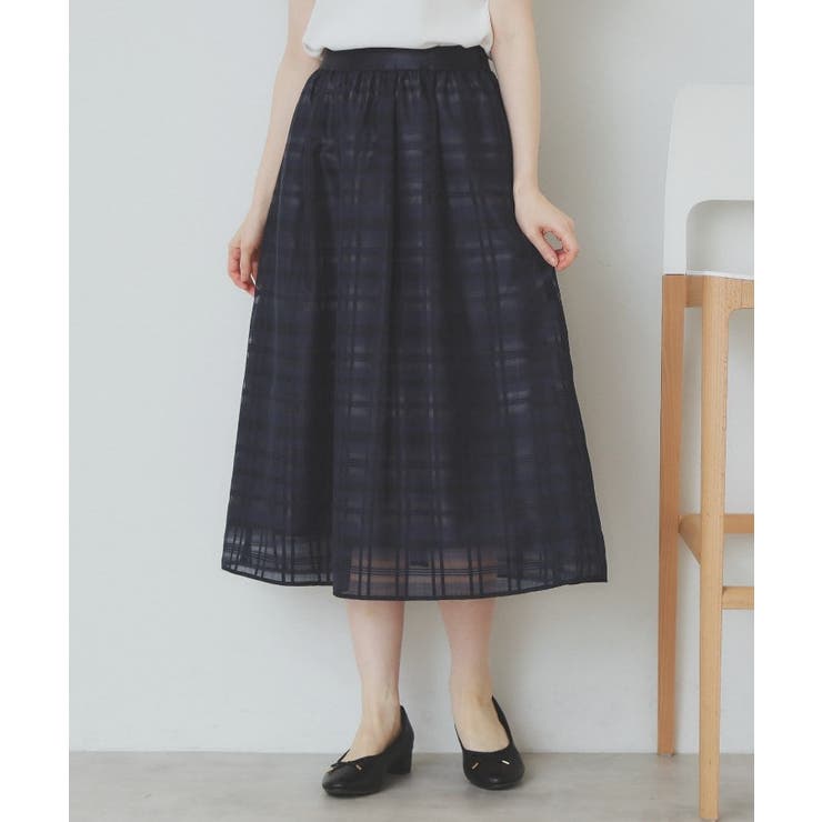 ネイビー(094) | シアーチェックタックフレアスカート【洗濯機洗い可/イージーアイロン】 | index
