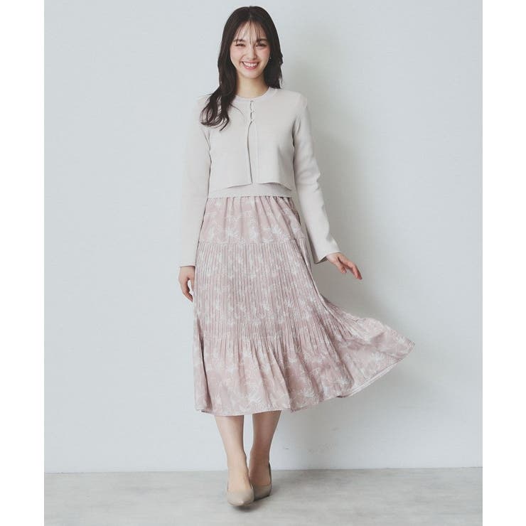 グレージュ(550) | 《ツインセット》カーディガン×ニットドッキングワンピース【洗濯機洗い可】 | index