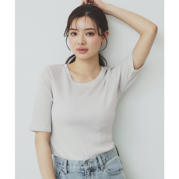 オフホワイト(603) | ラメリブクルーネックトップス【洗濯機洗い可】 | index