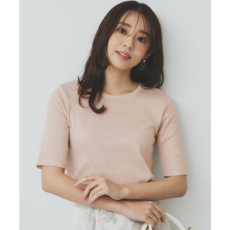 ピンクゴールド(605) | ラメリブクルーネックトップス【洗濯機洗い可】 | index