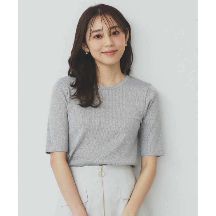 シルバー(606) | ラメリブクルーネックトップス【洗濯機洗い可】 | index