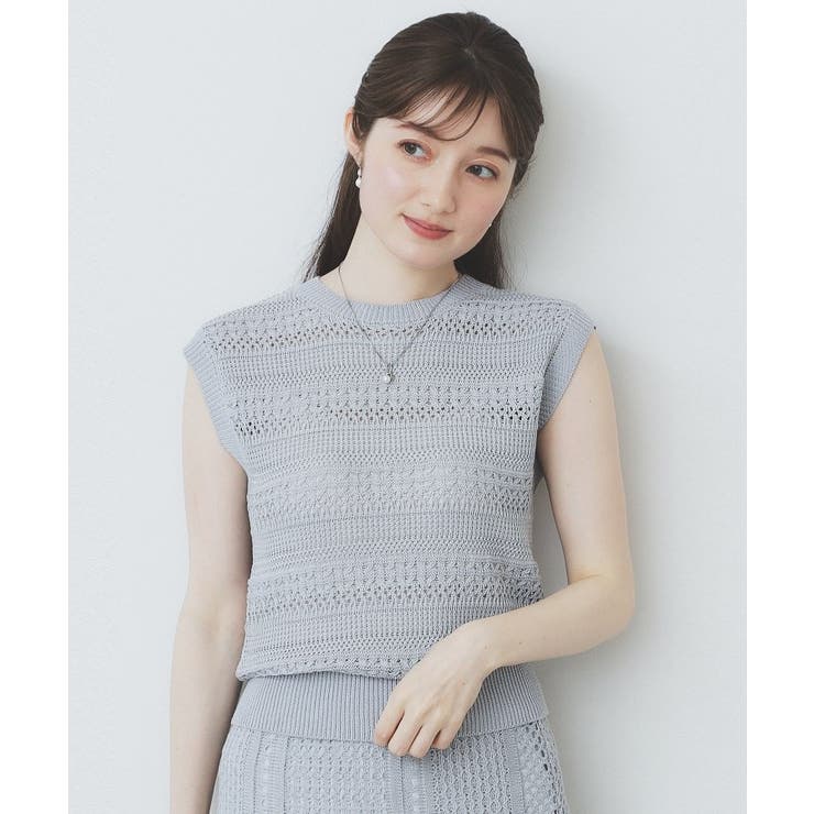 サックスブルー(090) | 透かし編みノースリーブニット/セットアップ対応【洗濯機洗い可】 | index