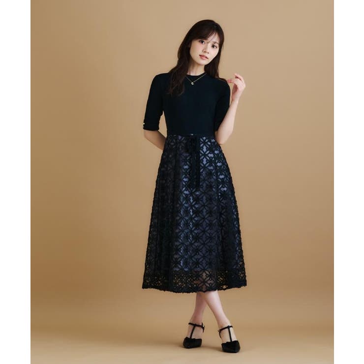 フラワーレースドッキングワンピース【洗える/抗ピル】[品番