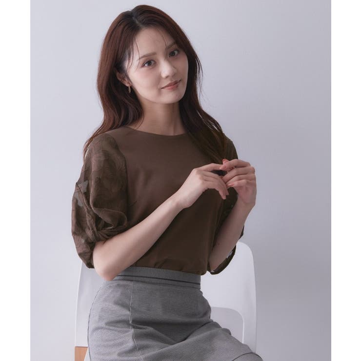 ブラウン(044) | 花柄ジャカード５分袖トップス《接触冷感／UVケア／洗濯機OK》 | index