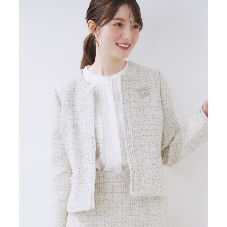 オフホワイト(503) | ≪通勤 セレモニー セットアップ対応≫ノーカラーツイードジャケット【洗濯機OK】 | index