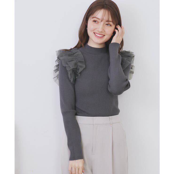 チャコールグレー(014) | ショルダーチュールフリルハイネックニット【洗濯機OK/抗ピル】 | index