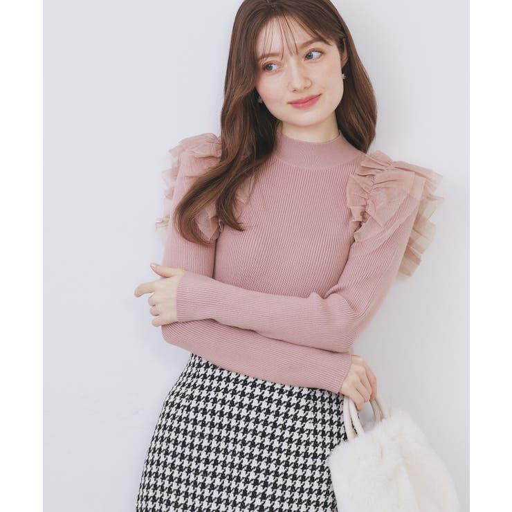 ピンク(071) | ショルダーチュールフリルハイネックニット【洗濯機OK/抗ピル】 | index