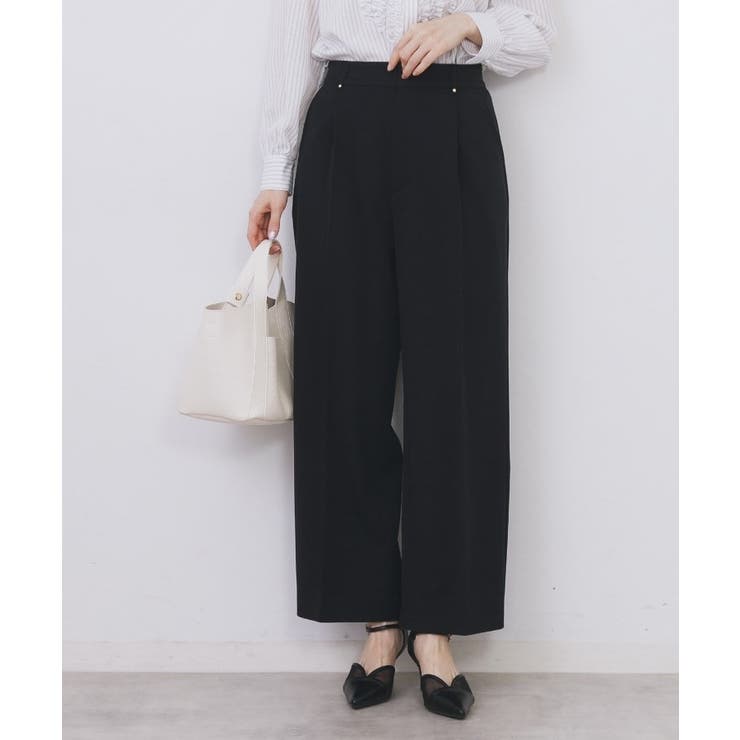 ブラック(019) | 裏起毛ストレッチワイドパンツ【洗濯機OK/イージーアイロン】 | index