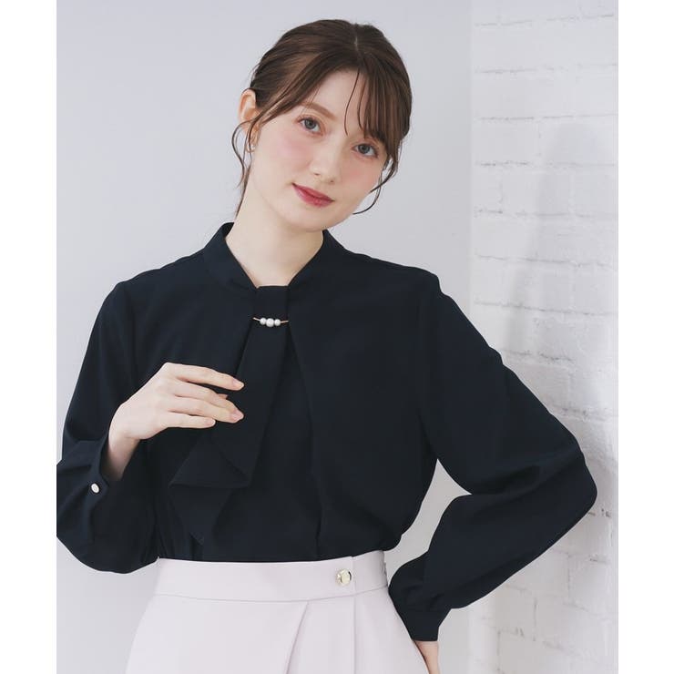 ネイビー(094) | ボウタイタックブラウス【洗濯機OK/防シワ】《XS～3L》 | index