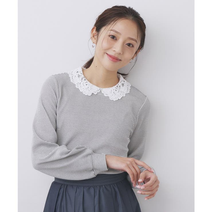 オフホワイト(303) | レース衿付きピケジャージトップス【洗濯機OK】 | index