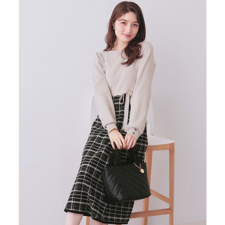 グレージュ(550) | チェックラメジャカードニットワンピース | index