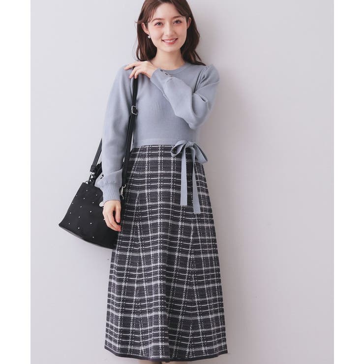 ブルー(591) | チェックラメジャカードニットワンピース | index