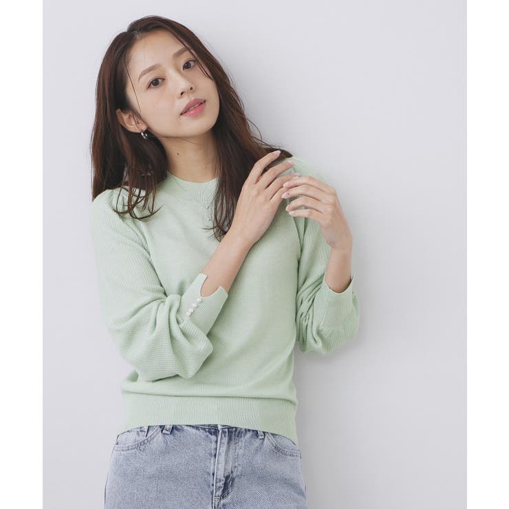 ミントグリーン(021) | 柄編みスリーブハイネックニット【洗濯機OK】 | index