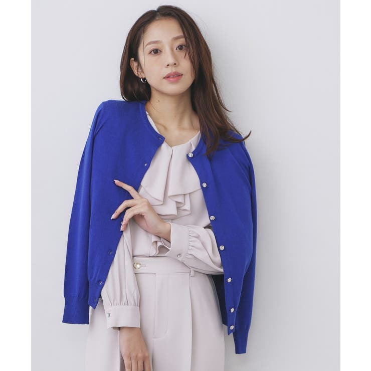 ブルー(092) | 柄編みクルーネックカーディガン【洗濯機OK】《7col》 | index