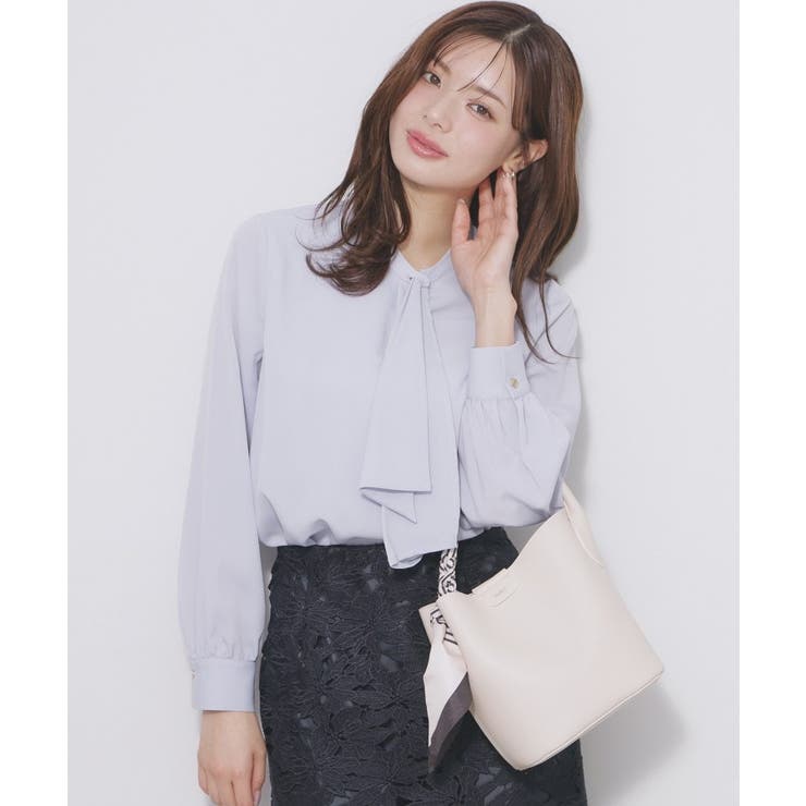 サックスブルー(090) | アシンメトリーボウタイブラウス【洗濯機OK イージーアイロン 防シワ】《XS～L… | index