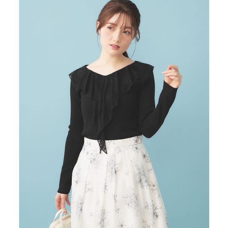 ブラック(019) | レースフリルVネックリブニット【洗濯機OK/坑ピル】 | index